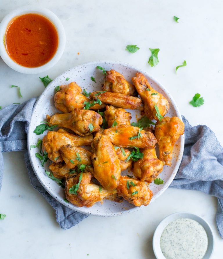 Air Fryer Chicken Wings with Buffalo Sauce (Paleo, Whole30, Keto