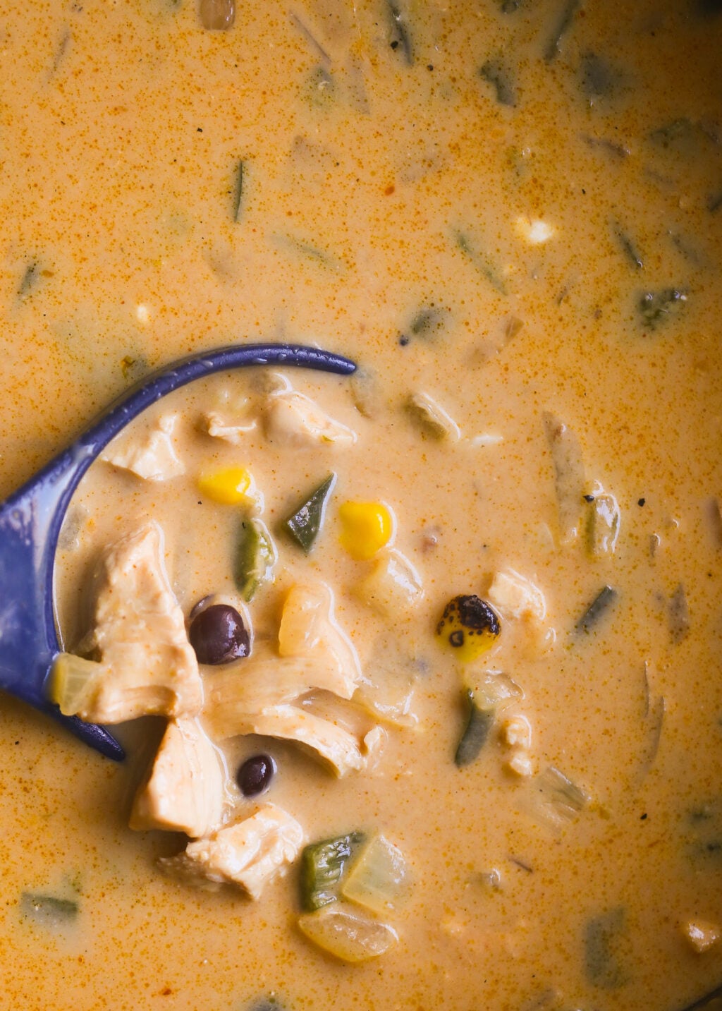 Creamy chicken poblano soup with corn, black beans, and green peppers in a silky, spicy broth—easy weeknight dinner recipe