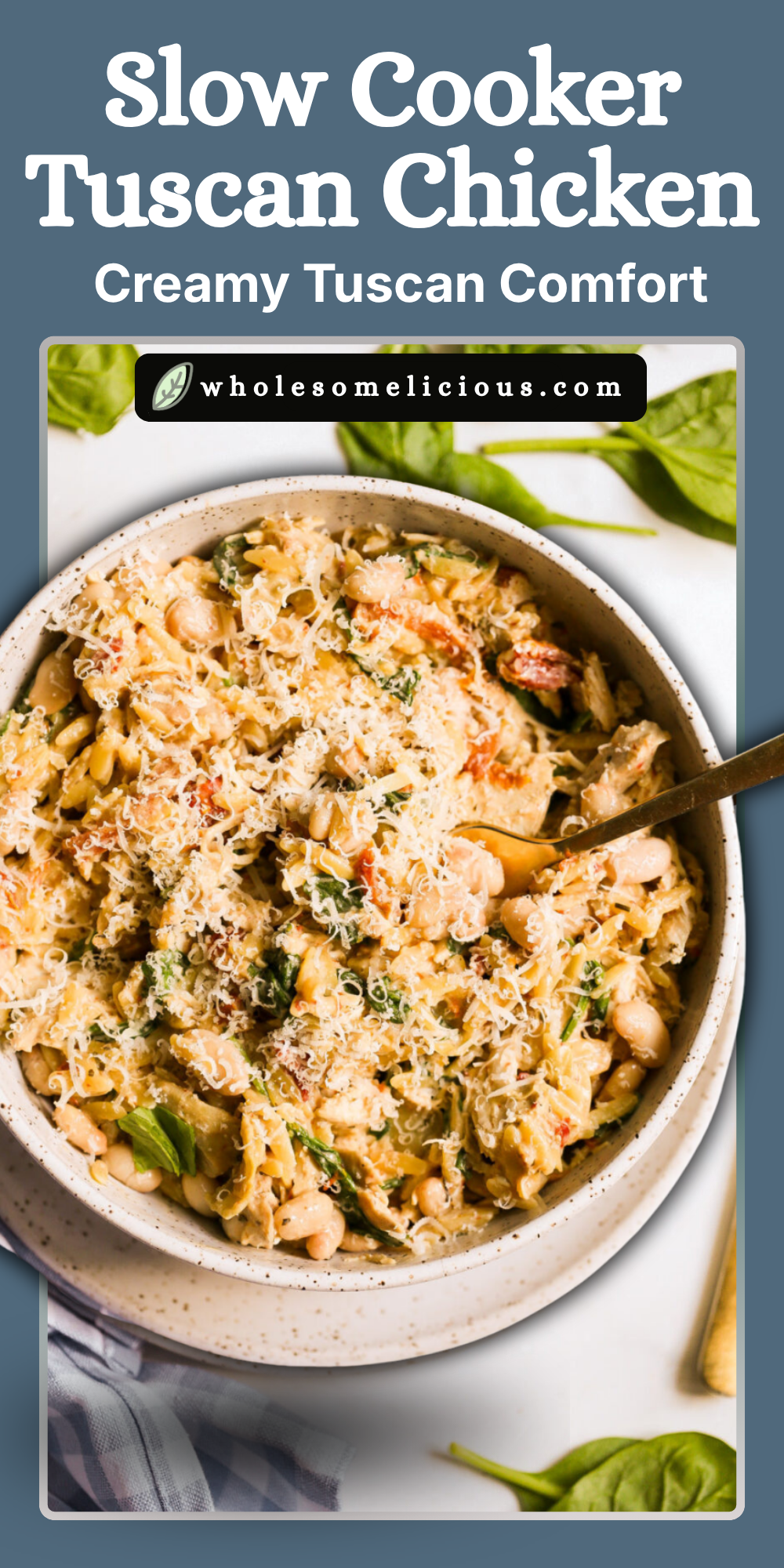Slow cooker Tuscan chicken with tender shredded chicken, orzo, white beans, spinach, and sun‑dried tomatoes in a creamy sauce, served warm with parmesan on top.